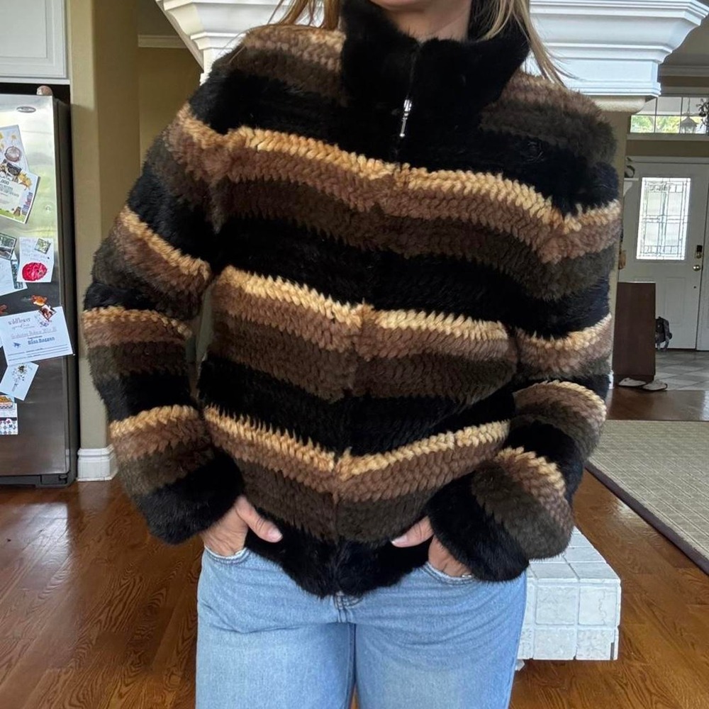 Trilogy Collection stripe bomber jacket rabbit fur neutrals glam luxury